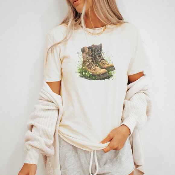 Boots and Wildflowers Tee Nature Hiker Shirt Gift - Picture 3 of 6